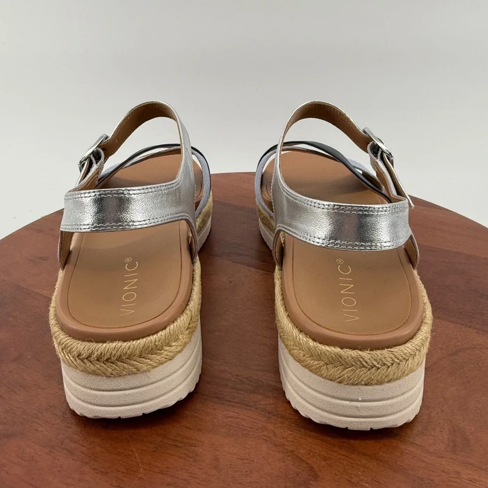 Vionic Mar Navy Multi Leather Platform Espadrille Orthotic Sandals Womens 11M
